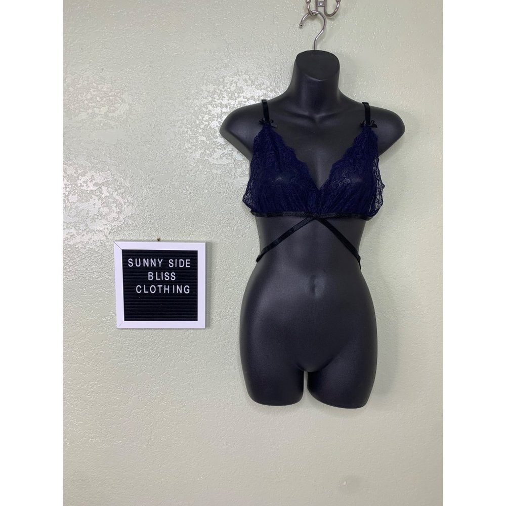Navy Blue Lace Wrap Around Strappy Bralette With Bows Unlined Size Large